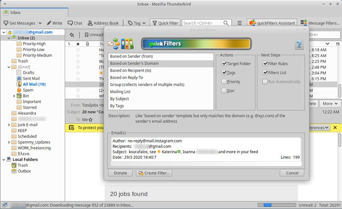 Organized Inbox Thunderbird Quickfilters Filtering Window