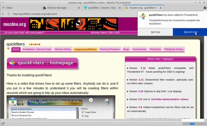 Organized Inbox Thunderbird Quickfilters Restart