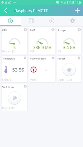 The Cayenne dashboard displays some basic information about your Raspberry Pi.