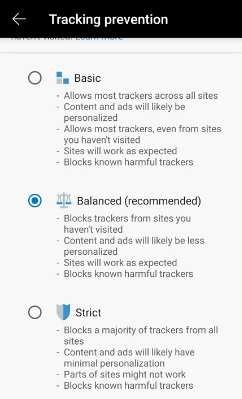 Edge Tracker Protection Choices Android