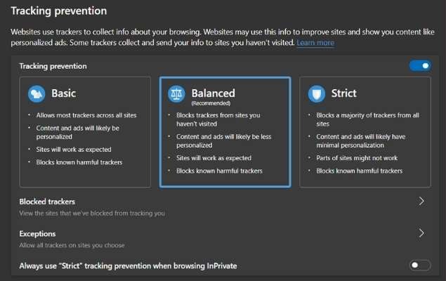Edge Tracker Protection Choose Level