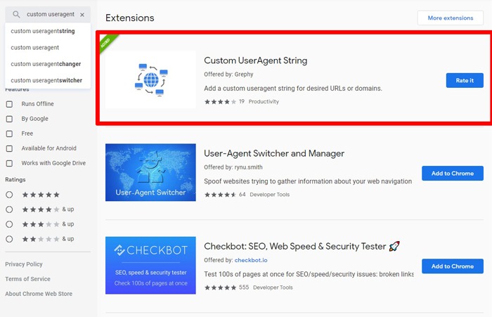 Installing Custom UserAgent String from Chrome web store.