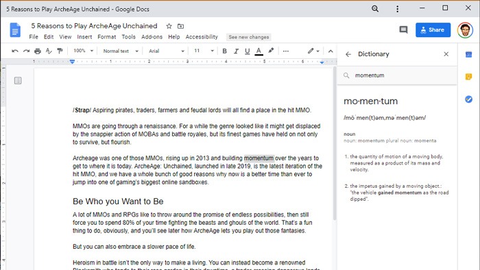 How To Look Up Word Definitions Windows 10 Google Docs