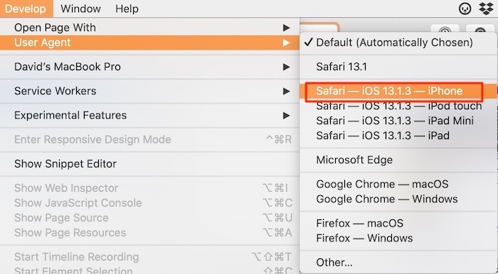safari browser select Ios 13 user agent