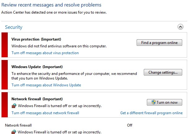 Windows 7 Action Center Security