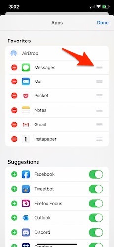 Arrange Share Sheet iOS