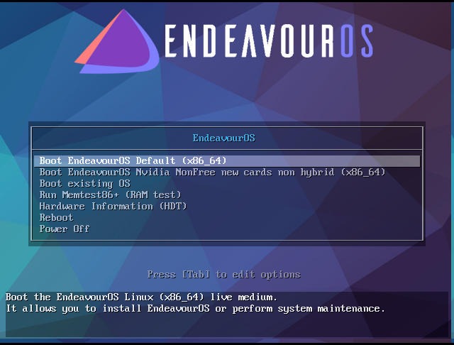 Endeavouros Boot Option Page