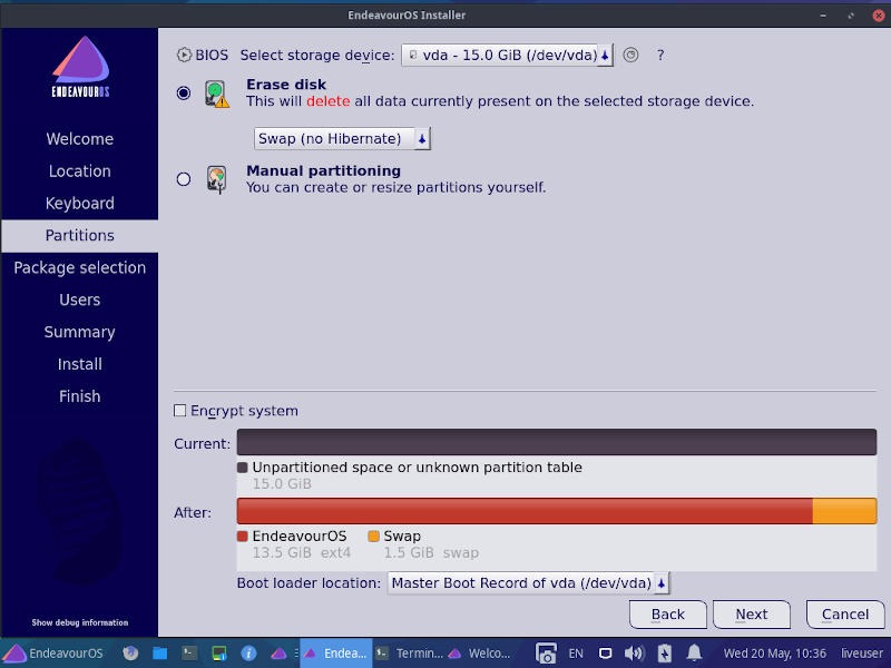 Endeavouros Partition Screen