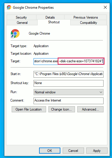 Google Chrome Shortcut Increase Cache Size