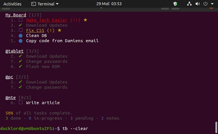 Tasks In Terminal With Tb Clear Completed Taskbook Clear Completed