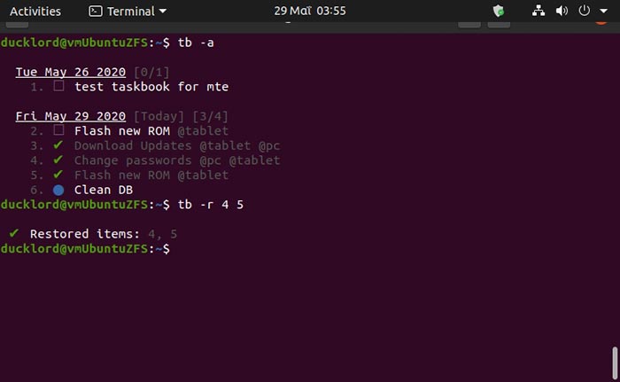 Tasks In Terminal With Tb Restore Archived Taskbook Restore Archived