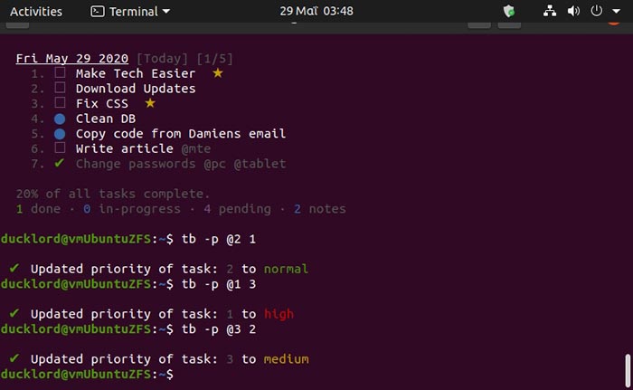 Tasks In Terminal With Tb Set Priorities Taskbook Set Priorities