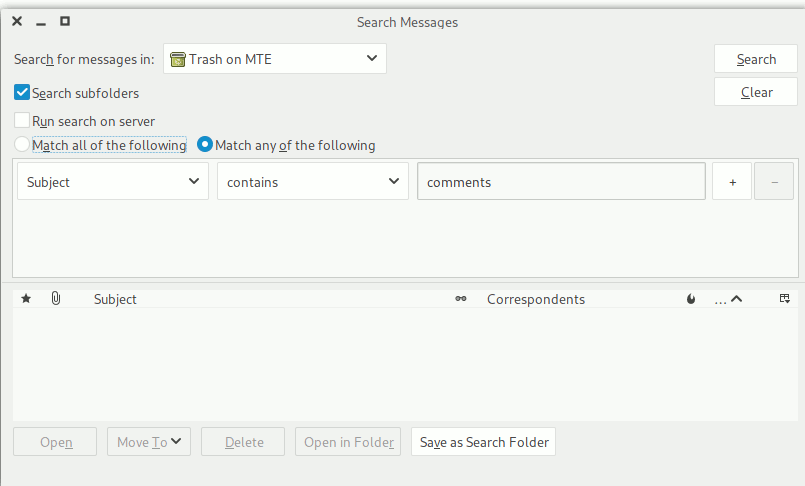 Thunderbird Trash Search Window