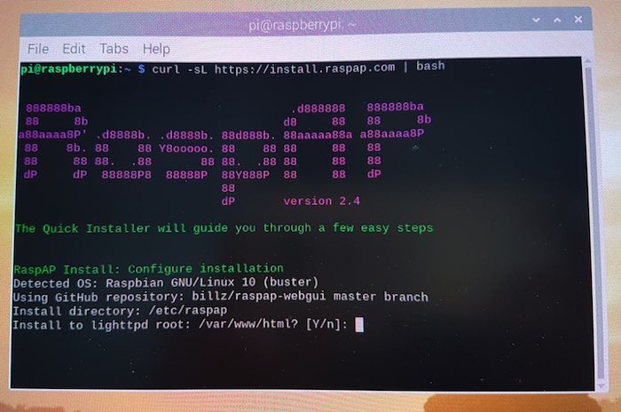 You can quickly and easily create a Wi-Fi hotspot, using RaspAP
