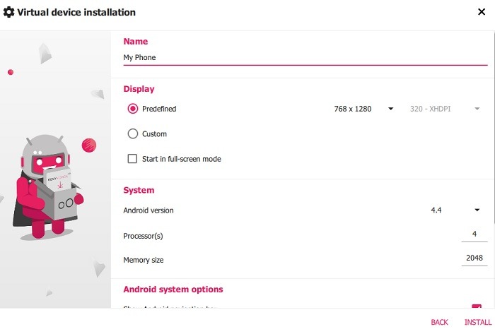 Genymotion Win10 Virtual Device Parameters 1