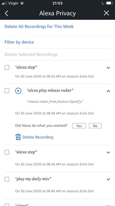 If you're curious what exactly Amazon records, then you can play all of its recordings
