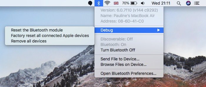 In the expanded Bluetooth Debug menu, you can access settings including resetting the Bluetooth module. 