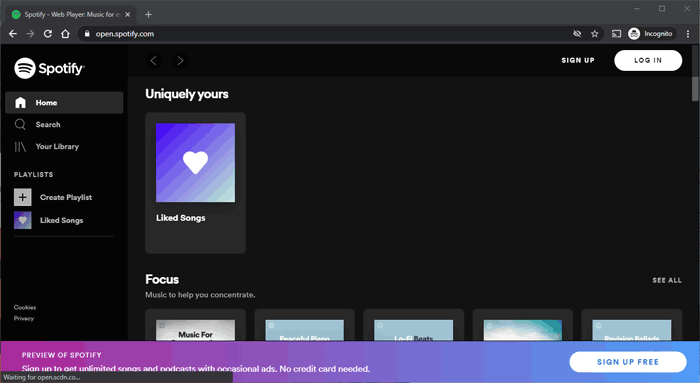 Spotify opened in a private window. 