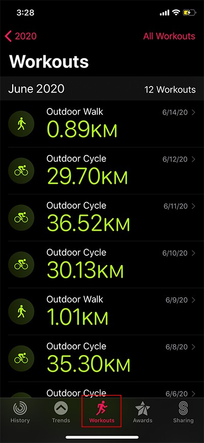Apple Watch Workouts List