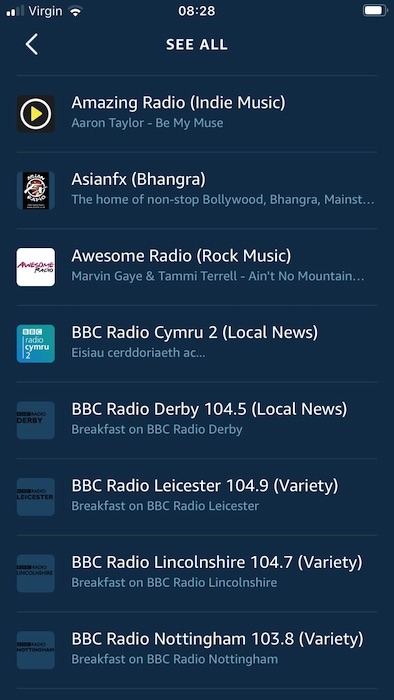 You can browse all nearby radio stations, using the Amazon Alexa mobile app.