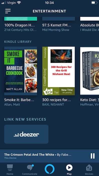 The Alexa mobile app displays the currently-selected book along the bottom of the screen.