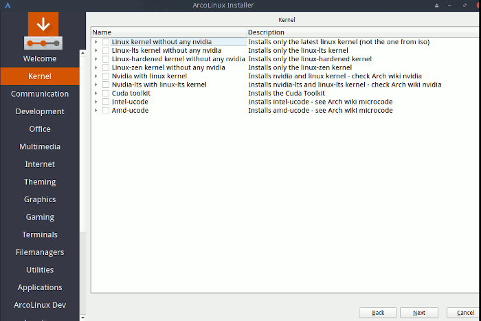 Arcolinux Calamares Installation Kernel 1