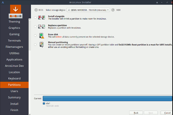 Arcolinux Calamares Installation Partition 1