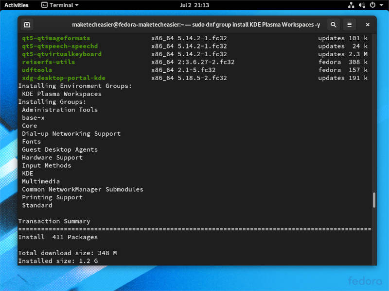 Fedora Desktop Switch Installing Kde