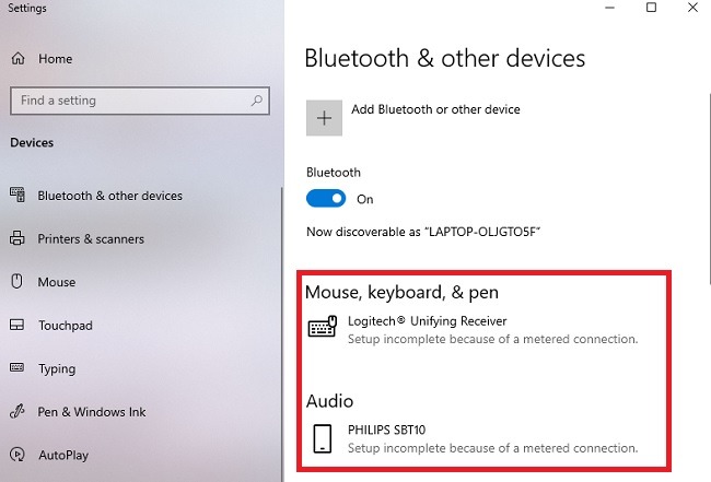 Setup incomplete because of a metered connection message in Bluetooth & Other devices (Windows 10). 