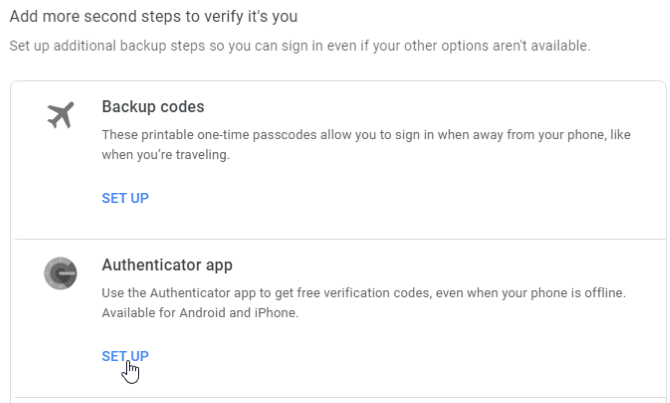Setting up Authenticator app to get secret codes.
