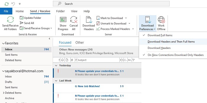 Outlook Issues Download Preferences 1