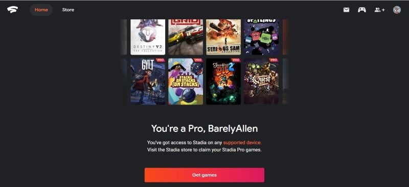 Stadia Pro Pass Landing Screen