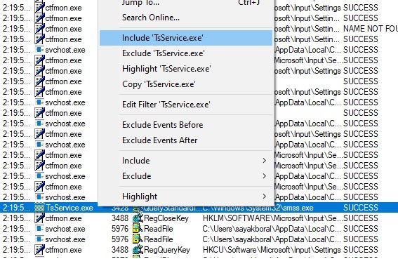 Win Process Monitor Filter Include