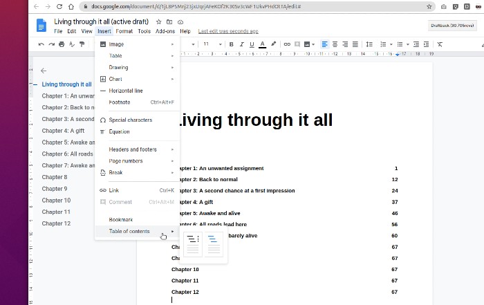 Image showing the two options for creating a Table of Contents in Google Docs.