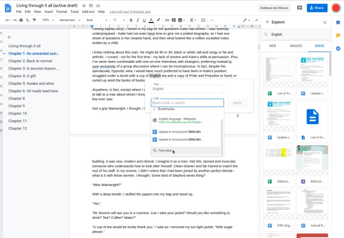 Image showing some of the link options in Google Docs.