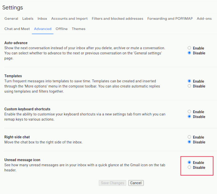 Gmail Settings Unread Gmail Icon