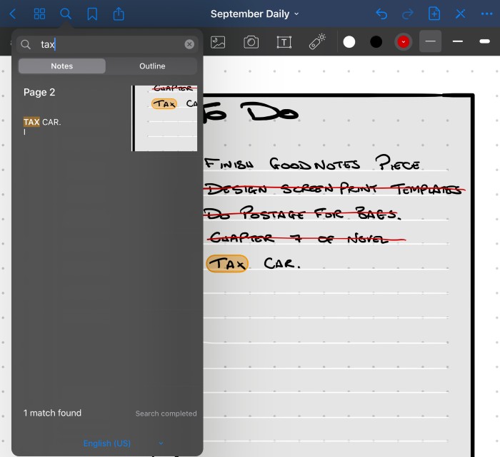 Image of the Goodnotes search tool looking up the word Tax.