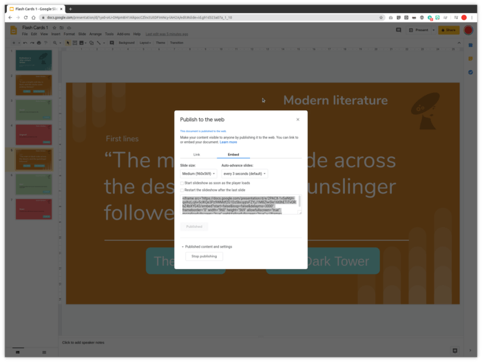 Screenshot showing the embed code to publish your flashcard game to the web.