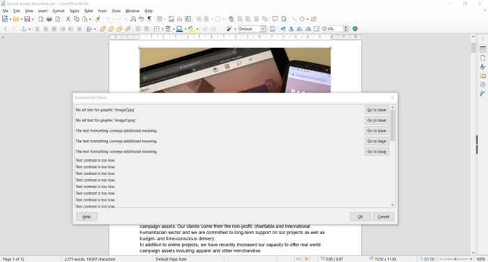 Screenshot showing the Accessibility checker in LibreOffice 7.