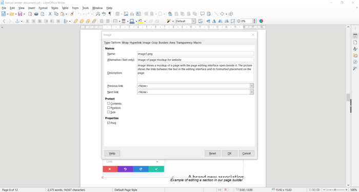 Screenshot showing the dialog box for editing image Alt text in LibreOffice 7.