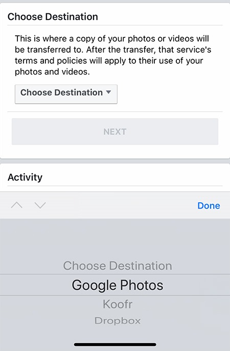 Transfer Facebook Photos Videos App Choose Destination