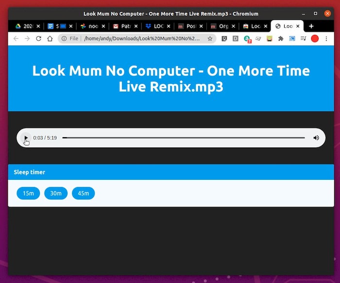 Screenshot showing the Local Audio Player extension doing its thing. Which is playing local audio.