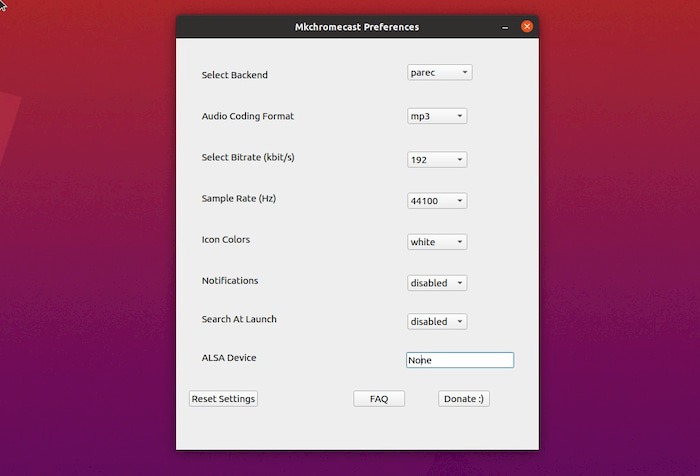 Screenshot showing the Mkchromecast settings.