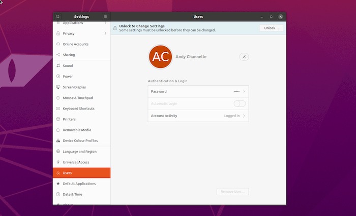 Screenshot showing the Account management settings from Gnome.
