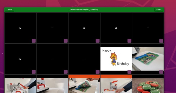 Screenshot showing the selection interface for importing images on Gnome Photos