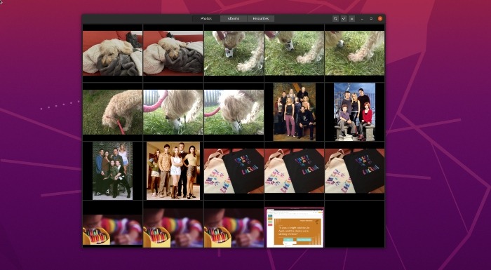 Screenshot shoring the launch interface of Gnome Photos, including a grid of photographs and other images.