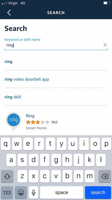 Launch the Amazon Alexa mobile app, and search for the "Ring" smart home skill.