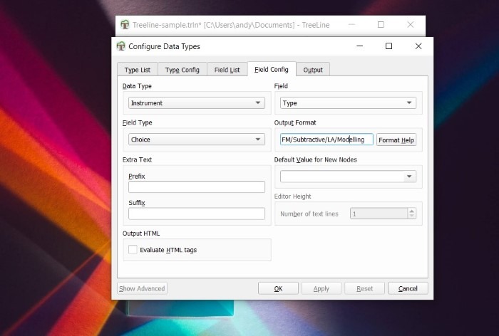 Screenshot showing the configuration screen for a 'Choice' field in TreeLine.