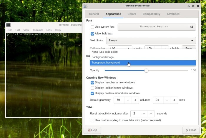 Xfce Transparent Panels Terminal Prefs Transparent Backrgound