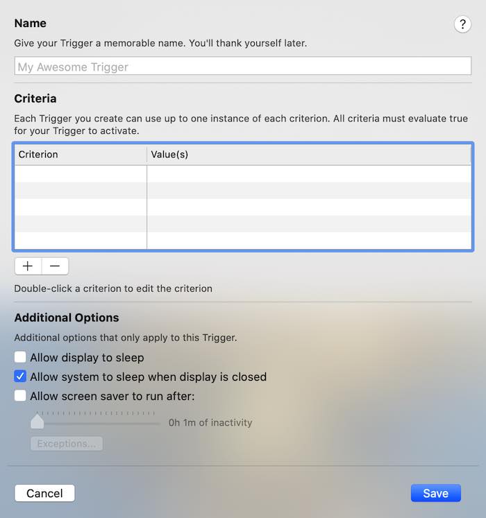You can select various criterion for your Amphetamine automated triggers.
